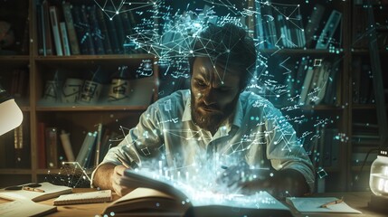 Mental calculation of a math expert's mind, flurry of floating equations and symbols surrounding the man, open book and library setting