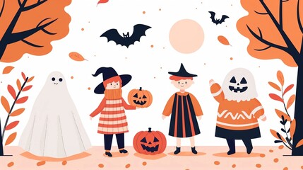 Obraz premium A lively Halloween festival with people in creative costumes, carved pumpkins, and decorative lights, capturing the festive October atmosphere, flat design illustration