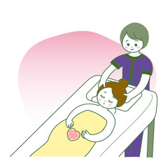 マタニティーエステを受ける女性のイラスト　流体シェイプグラデーション背景あり