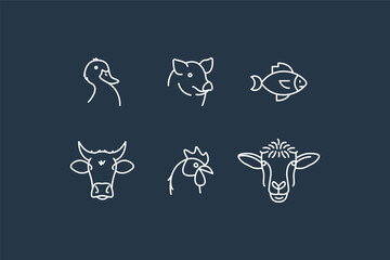 high quality concepts minimalistic outline icons about farm pets. Pig, duck, goose, fish, cow, chicken and sheep.
