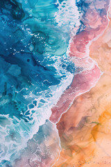Fototapeta premium Aerial View Watercolor Ocean Beach Abstract Background