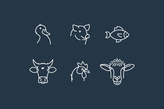 high quality concepts minimalistic outline icons about farm pets. Pig, duck, goose, fish, cow, chicken and sheep.