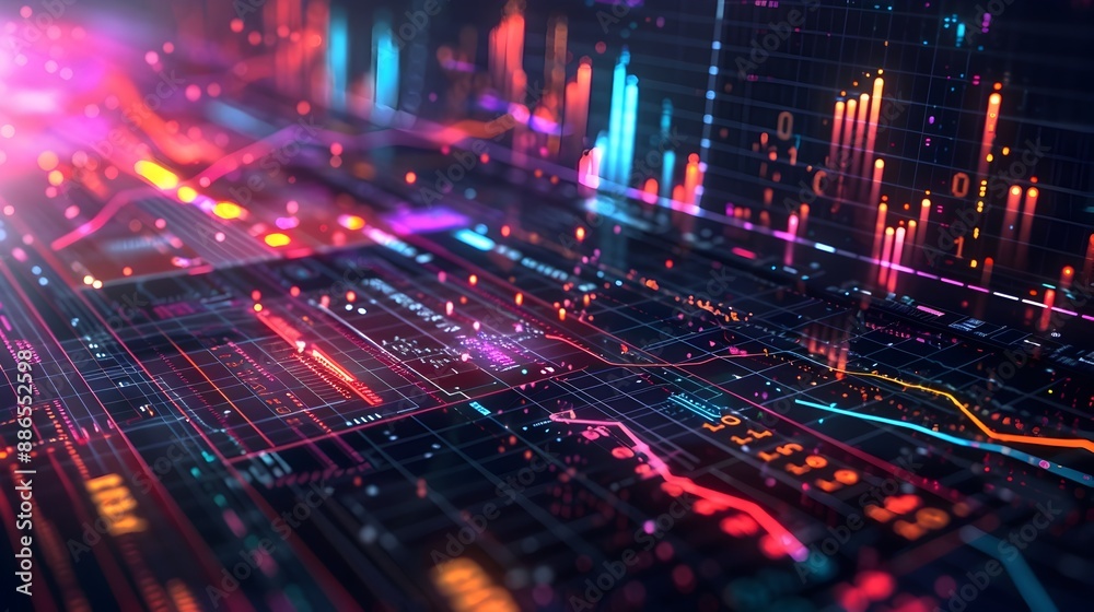 Poster vibrant dynamic visualization of big data analytics with colorful charts and graphs