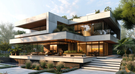 Fototapeta premium Modern concrete residential house with a front view. Generative AI.