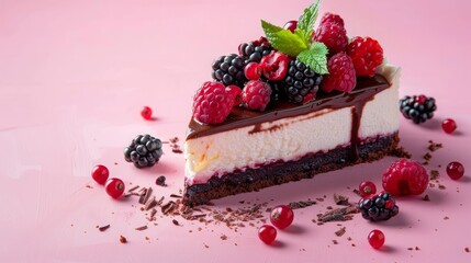 A slice of creamy cheesecake with a chocolate topping and berries on an isolated pastel background