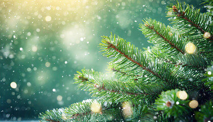 Beautiful green fir tree branches close up. Christmas and winter concept