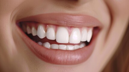 Obraz premium Perfect white teeth woman close up. Female toothy veneer smile. Dental care and stomatology