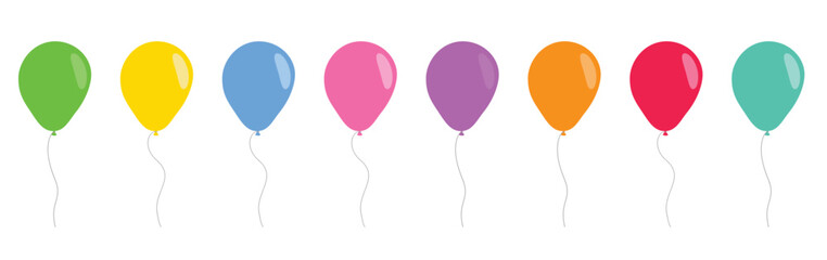 Bunch, group of colorful helium balloons in flat style vector collection. Balloons for birthday and party. Blue, red, yellow, pink and yellow balloons isolated on white background. © viktorijareut