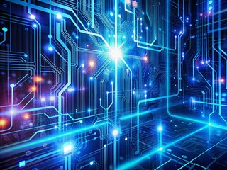 Obraz premium Vibrant blue digital abstract background with futuristic circuits, wires, and glowing neon lights creating a futuristic, high-tech atmosphere.