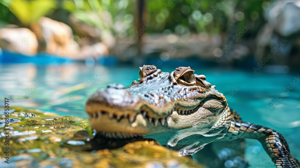 Poster A small alligator with sharp teeth and a patterned hide rests peacefully in a cool, blue pool, with lush foliage in the background