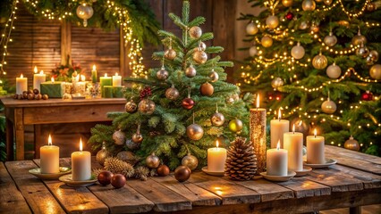 A rustic wooden table adorned with candles and evergreen branches stands before a majestic Christmas tree, aglow with soft lights and ornate decorations.