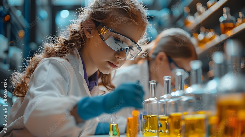 Poster young scientists conducting experiments in dynamic science lab showcasing hands on learning and scie