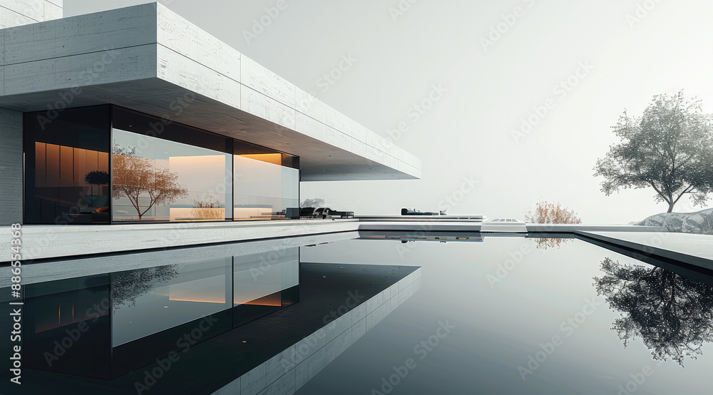 Aufkleber minimal, striking modern architecture, water reflection.clean lines, geometric composition. generati