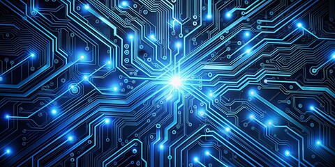 Intricate blue digital circuit pattern with glowing wires and microchips on a dark background, ideal for futuristic and technological web design elements.