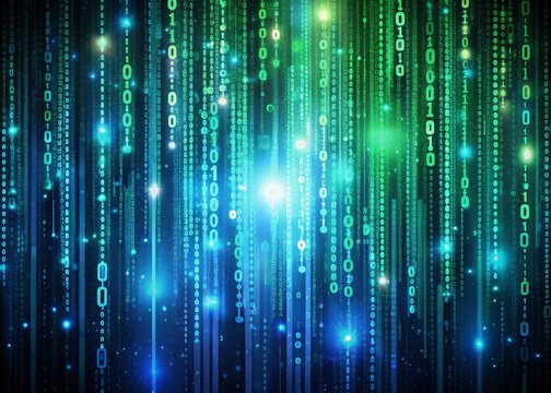 Abstract futuristic digital background featuring a intricate matrix of 0s and 1s in shades of blue and green, representing encrypted code and cybersecurity.