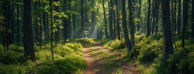 Obraz premium Old road (pathway) through the green forest. Ancient trees, moss and plants closely observed. Sunbeams shining through tree trunks. Full panorama. Ecology, ecotourism, environmental conservation,