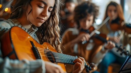 Music students in classroom learning instruments and music theory