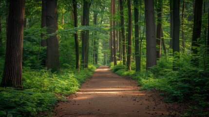 Fototapeta premium A walk in a spring beech forest near Leuven, Belgium. A beautiful natural tunnel. Atmospheric landscape, ecotourism, travel destinations, environmental conservation.