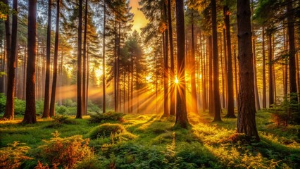 Obraz premium Warm orange hues illuminate towering trees and lush foliage as the sun dips below the horizon, casting a serene and peaceful atmosphere in the forest.