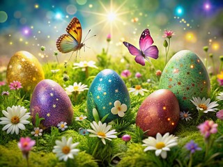 Colorful sparkling Easter eggs with glittering stars, moons, and butterflies, surrounded by lush greenery, flowers, and morning dew, on a soft white background.