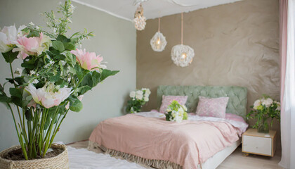 bedroom interior with bed and big indoor flower