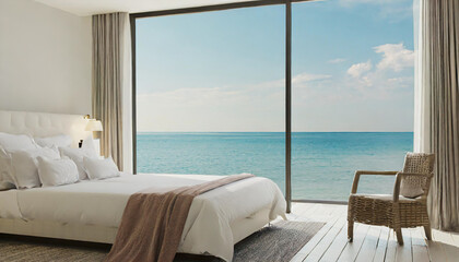 Minimalist bedroom background take view sea -3D render