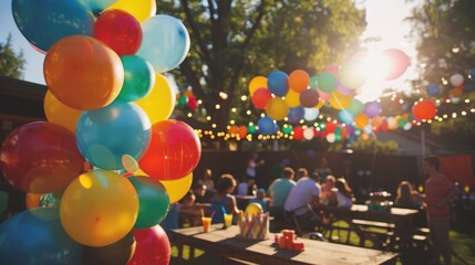 Wide-angle view of a birthday party scene with colorful balloons, some blurred for depth, capturing the festive atmosphere in an outdoor backyard setting.. Blurred view balloons for birthday