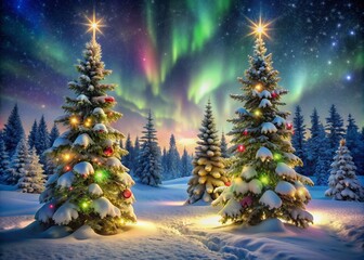 Snow-covered evergreen trees sparkle with festive lights around a decorated Christmas tree, set against a whimsical winter wonderland backdrop with dancing aurora borealis.