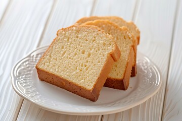 Pound cake on white plate, photo shoot for ads, white wood background image.