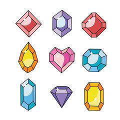 9 different doodle style jewels with black outline. Colorful crystals,  gaming gems. Hand drawn isolated vector illustrations in flat design with editable stroke