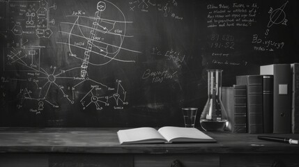 Black chalkboard inscribed with scientific formulas. Abstract, Desk, back to school theme
