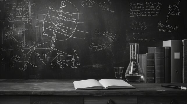 Black chalkboard inscribed with scientific formulas. Abstract, Desk, back to school theme