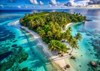 Breathtaking aerial view of a serene tropical island with pristine sandy beach, swaying palm trees, and crystal-clear turquoise waters surrounded by coral reef.