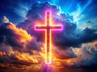 Vibrant neon cross shines brightly in a cloudy sky, symbolizing hope and faith, perfect for Christian publications, Bible magazines, and religious editorials.