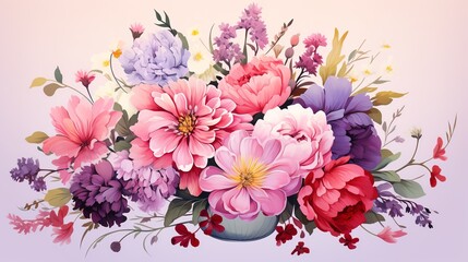 Naklejka premium Vibrant bouquet of pink, purple, and red flowers in a blue vase.