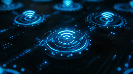 Glowing blue Wi-Fi symbols on a digital grid. Data sharing, connection, and communication concept background with copy space