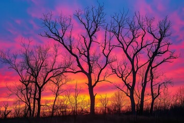 Fototapeta premium Stunning Sunset Through Bare Winter Trees