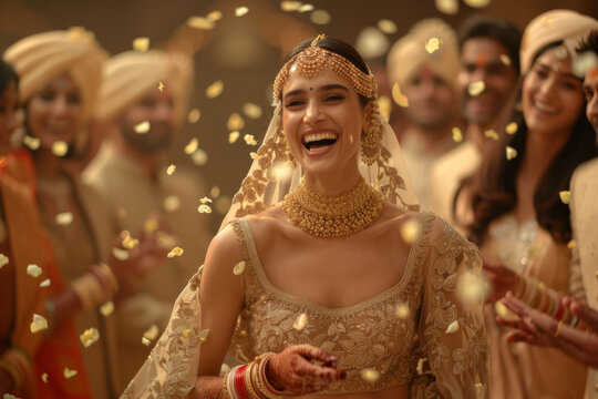 A young joyful bride wearing traditional Indian bridal costumes and jewellery on her wedding