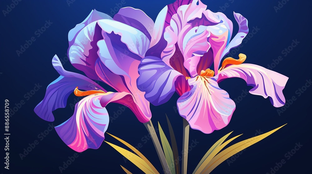 Wall mural Two vibrant purple and pink iris flowers on a dark blue background.