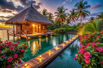 Sparkling turquoise ocean surrounds a secluded overwater bungalow adorned with roses, candlelit pathway, and private pool, set amidst lush tropical paradise palms.