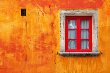 Vibrant Red Window on Orange Wall