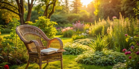 Serene garden setting with empty wicker chair, open book on lap, and surrounding lush greenery, evoking a sense of peaceful summer afternoon relaxation.
