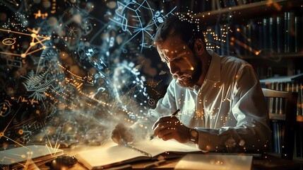 An intriguing photograph capturing a man deeply engrossed in mental calculation, surrounded by a flurry of floating math equations and symbols, while simultaneously writing down notes in a notebook