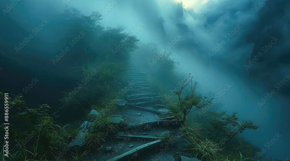 Poster Exploring a mystical foggy forest at dawn. Bright Light. Generative AI.