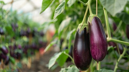 A close-up of two ripe eggplants hanging from a vine in a greenhouse, surrounded by other eggplant plants