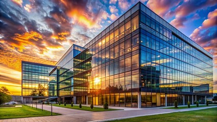 Obraz premium Sunset reflections on modern office building facade. Business center under evening sky. Dusk at the corporate hub.