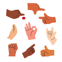 Set with simple cartoon style hand gestures, diverse human hands. Hand drawn vector illustration in flat design, isolated on white