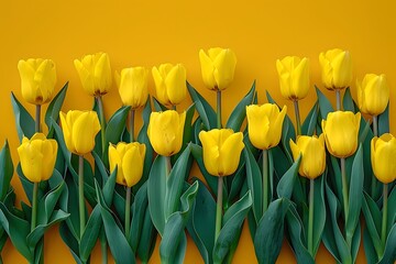 Obraz premium Vibrant Yellow Tulips in Full Bloom Against Bright Yellow Background - Perfect for Spring Decor, Greeting Cards, and Floral Design Projects