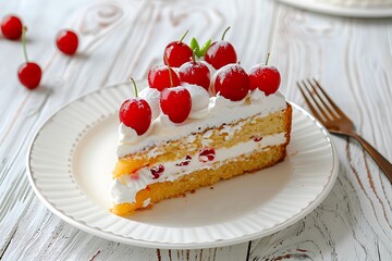 Cheese cake on white plate, photo shoot for ads, white wood background.