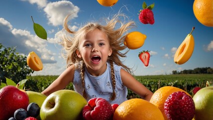 A whirlwind of vitamins around the child. Berries and fruits for boys and girls.